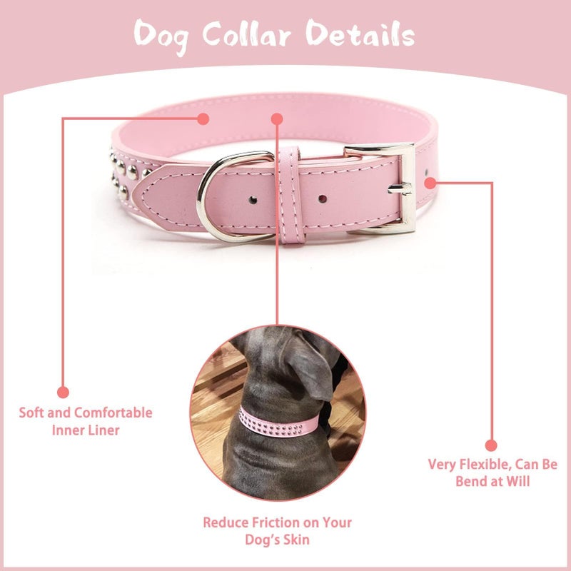 BINGPET BA2006 Adjustable Dog Real Split Leather Studded Pet Dog Collar, Durable Doggy Collars for Small Medium Large Dogs - Pink L - Image 4